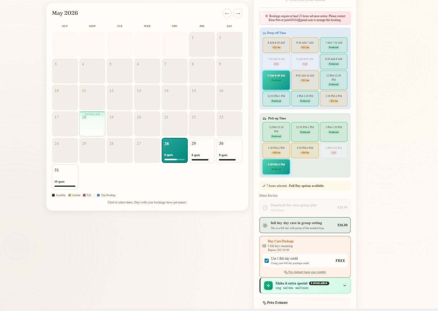 Live daycare availability with the price estimate shown before booking.